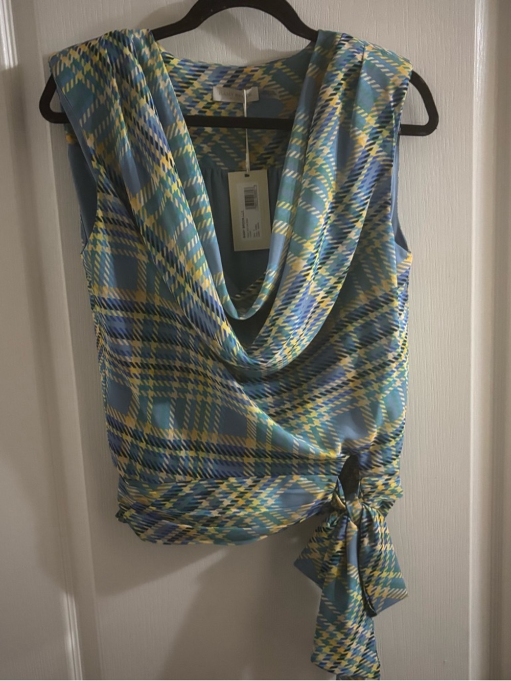 Ramy Brook Blue, Teal & Yellow Plaid Draped Wrap Shell